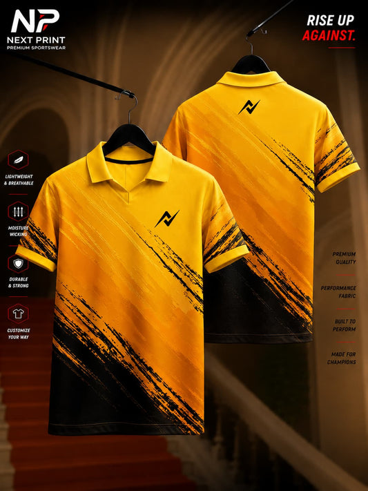 Premium yellow polo sports jersey featuring bold gold brushstroke graphics with front and back views.