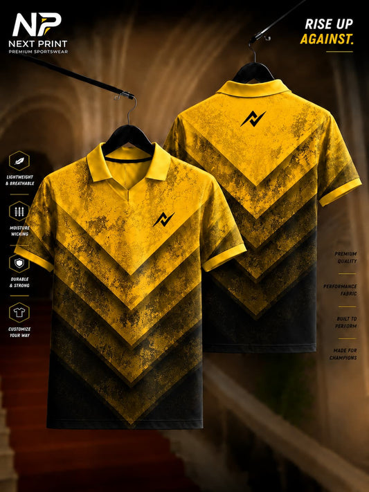 Elite Gold Chevron Polo Sports Jersey front and back view with premium black and gold geometric design, dry-fit performance fabric, and polo V-neck collar.