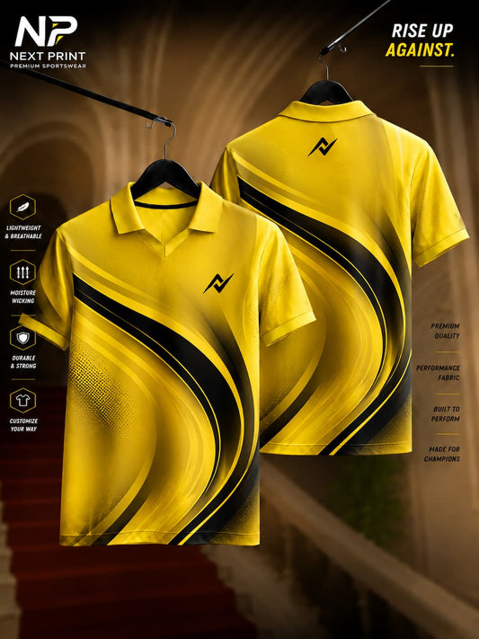 Elite Gold Flow Polo Sports Jersey with abstract gold wave pattern, premium dry-fit polo collar sportswear front and back view.
