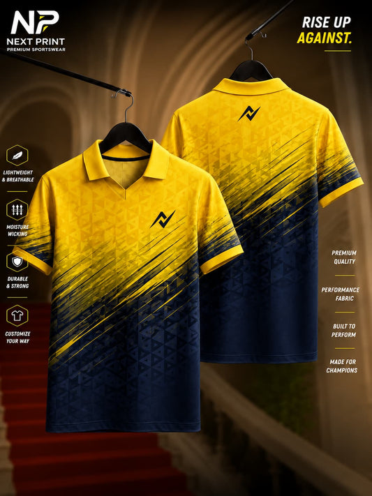 Elite Gold and Navy Strike Polo Sports Jersey with V-neck polo collar, geometric pattern, front and back view, premium custom sportswear.