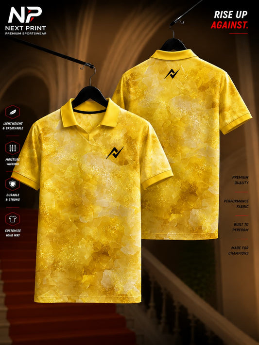 Premium yellow polo sports jersey with elegant golden crystal texture and shimmering abstract pattern shown in front and back views.