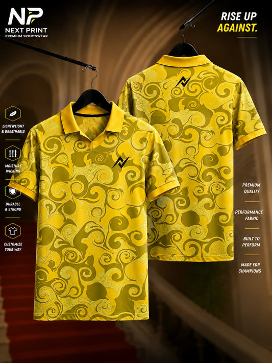 Elite Golden Swirl polo sports jersey featuring an elegant abstract swirl pattern with premium V-neck polo collar, front and back view.