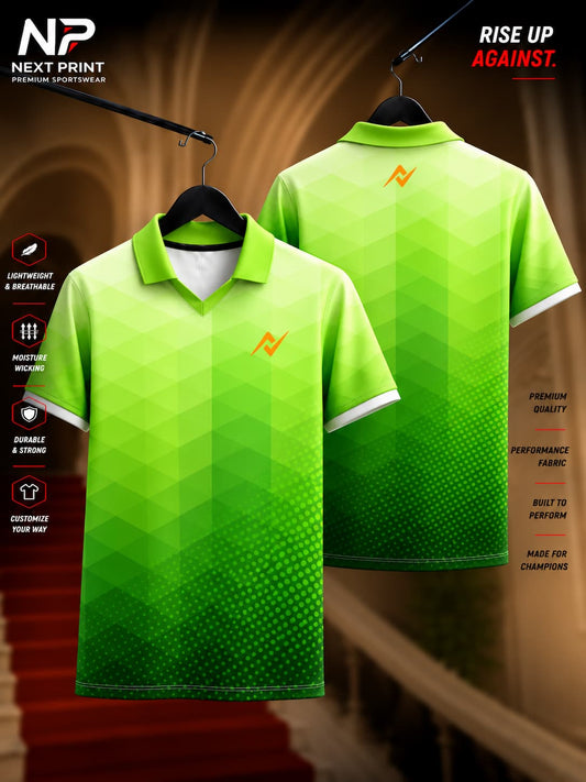 Front and back view of the Elite Gradient Hex polo sports jersey featuring a lime-to-forest green geometric hexagon pattern with premium dry-fit fabric and a polo V-neck collar.
