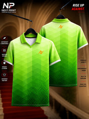 Front and back view of the Elite Gradient Hex polo sports jersey featuring a lime-to-forest green geometric hexagon pattern with premium dry-fit fabric and a polo V-neck collar.