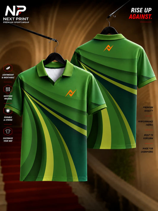 Front and back view of the Elite Green Wave Fusion Polo Sports Jersey featuring layered green wave graphics with a premium polo collar and athletic fit.