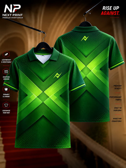 Front and back view of Elite Green X-Fusion polo sports jersey featuring neon green geometric X graphics, premium dry-fit fabric, and polo V-neck collar.