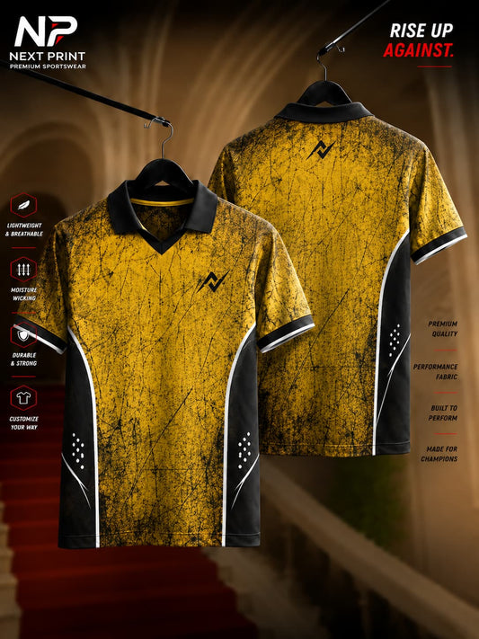 Elite Grunge Gold Polo Sports Jersey with distressed black and gold texture, front and back view, premium dry-fit performance sportswear.