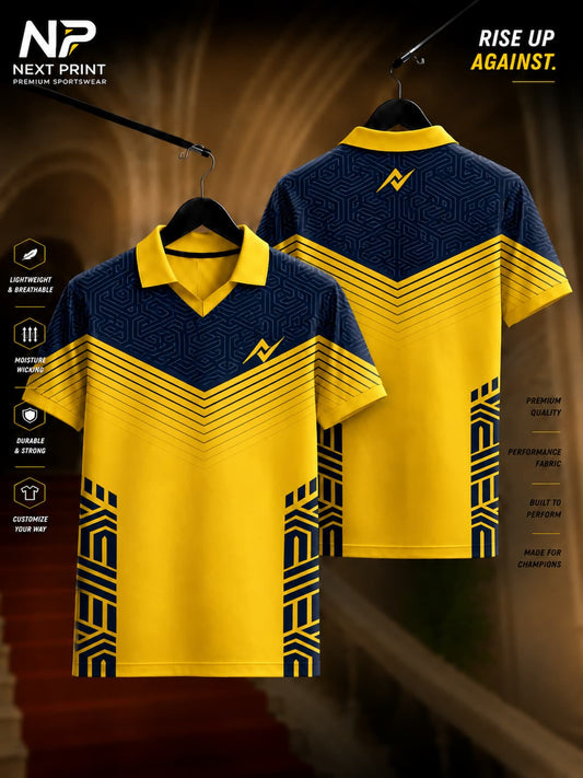 Front and back view of the Elite Heritage Chevron Performance Polo Jersey featuring a navy geometric upper panel, yellow chevron stripes, tribal side graphics, and a premium polo collar.