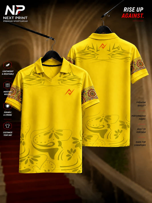 Front and back view of the Elite Heritage Fusion Polo Sports Jersey featuring tribal shoulder graphics, decorative patterned sleeves, artistic lower graphics, and a yellow premium polo design.