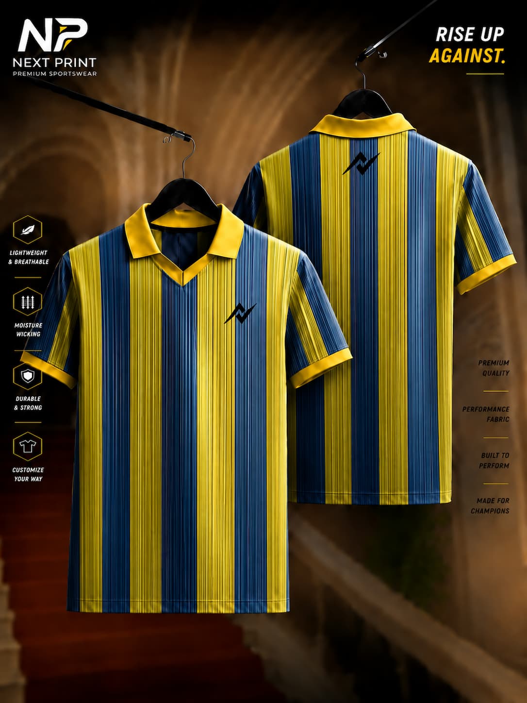 Front and back view of Elite Heritage Stripe Polo Sports Jersey featuring navy blue and gold vertical stripes on premium dry-fit fabric with a polo V-neck collar.