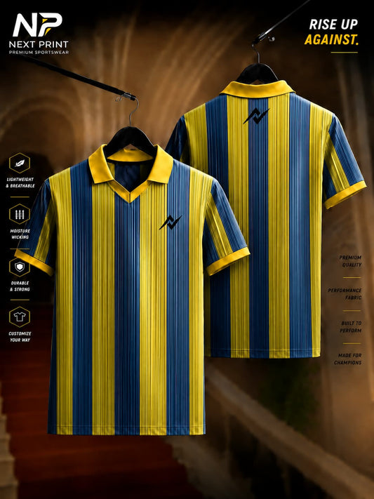Front and back view of Elite Heritage Stripe Polo Sports Jersey featuring navy blue and gold vertical stripes on premium dry-fit fabric with a polo V-neck collar.