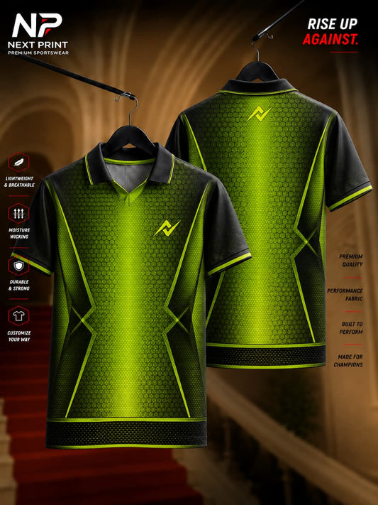 Front and back view of the Elite Hex Shield polo sports jersey featuring a green honeycomb texture with black geometric side panels, lime accents, and a premium polo V-neck collar.