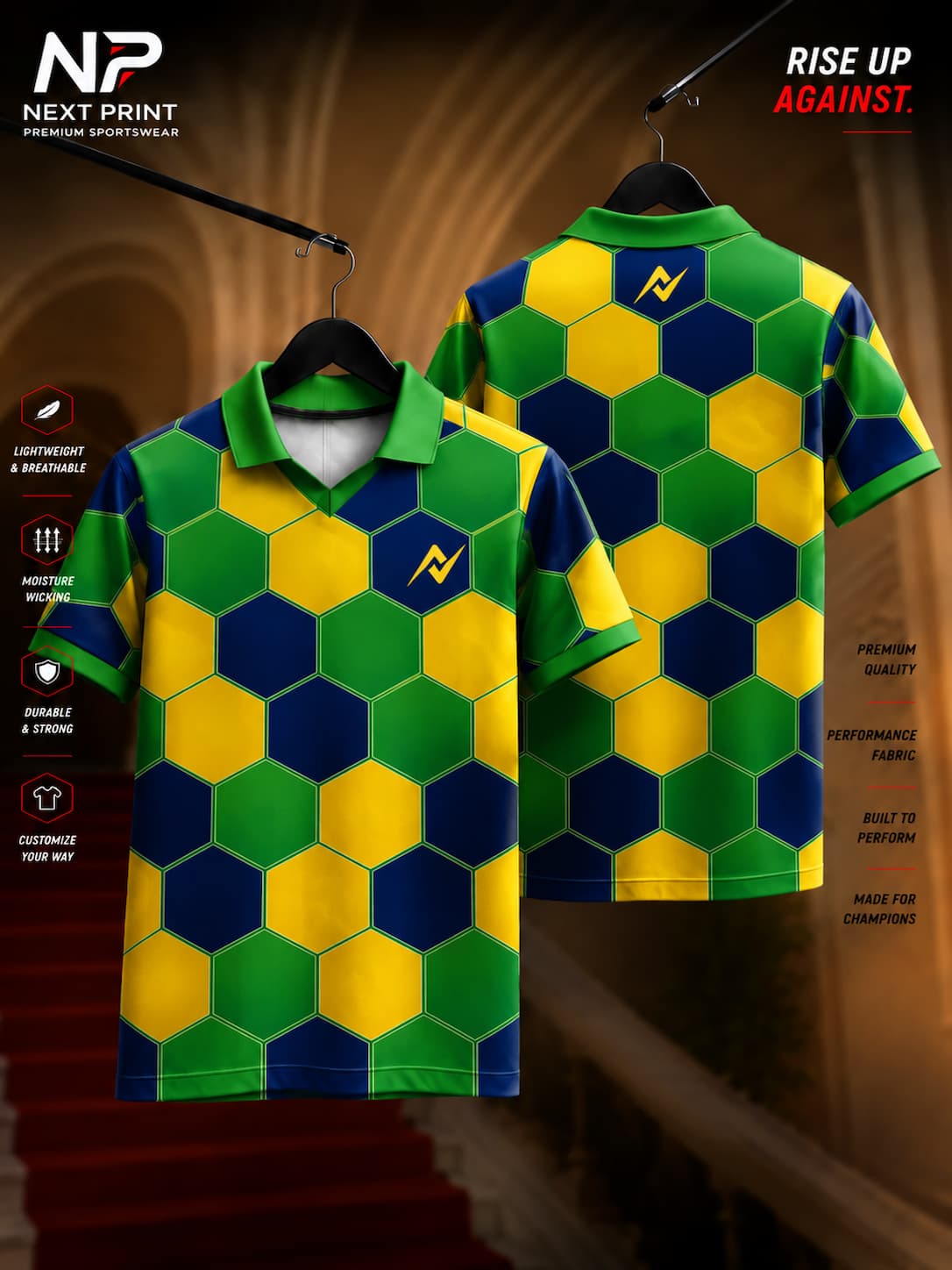 Front and back view of Elite Hexa Shield polo sports jersey featuring green, gold, and navy blue hexagonal graphics with premium dry-fit fabric.