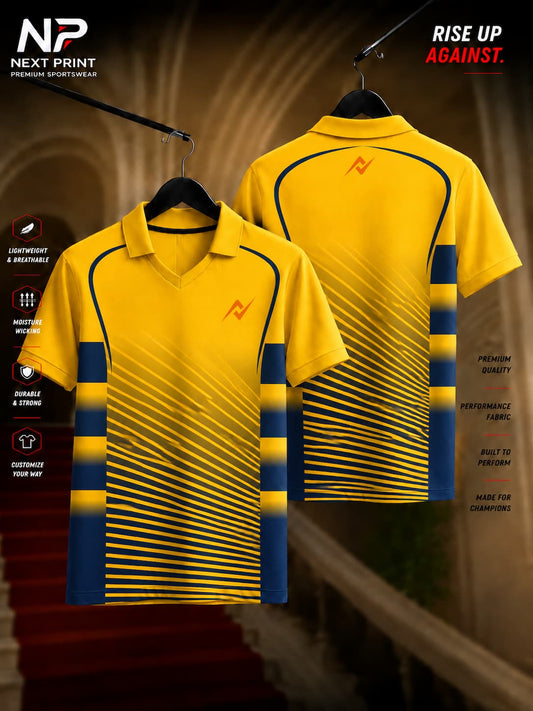 Front and back view of the Elite Horizon Strike yellow polo sports jersey featuring navy blue gradient stripes and premium dry-fit performance fabric.