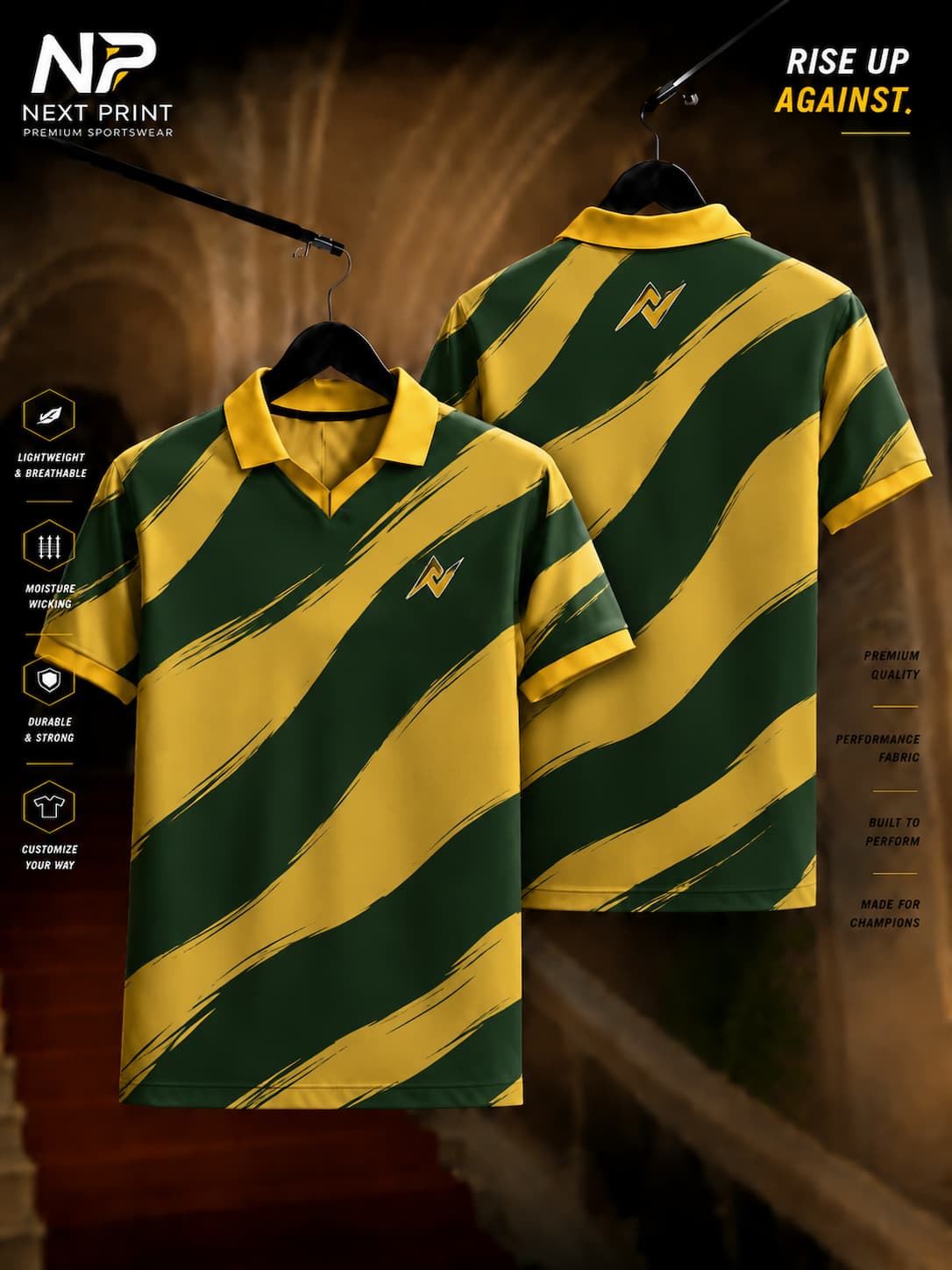 Front and back view of the Elite Jungle Wave Polo Sports Jersey featuring bold forest green wave stripes on a golden yellow background with premium dry-fit fabric and a polo V-neck collar.