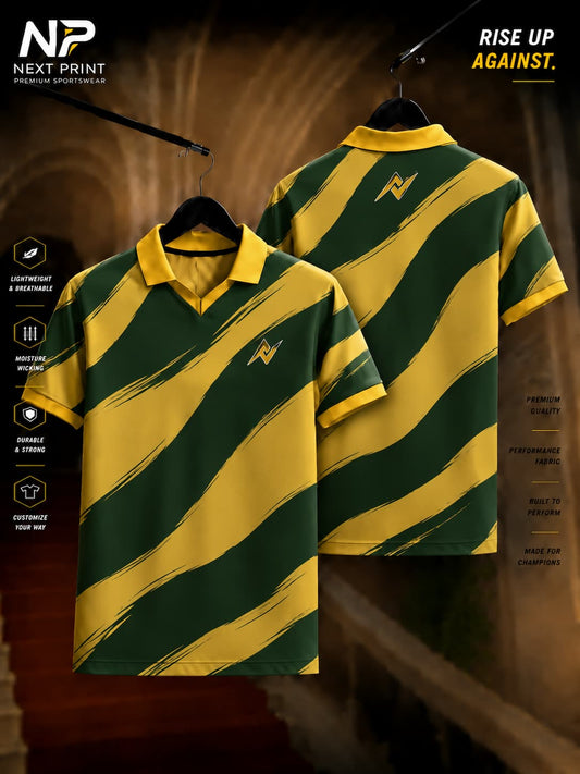 Front and back view of the Elite Jungle Wave Polo Sports Jersey featuring bold forest green wave stripes on a golden yellow background with premium dry-fit fabric and a polo V-neck collar.