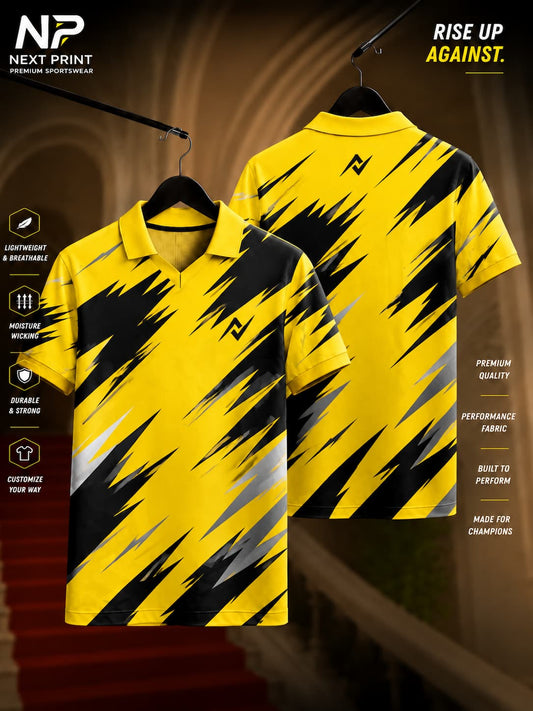Elite Lightning Rush yellow and black polo sports jersey featuring bold lightning-style graphics with front and back views.