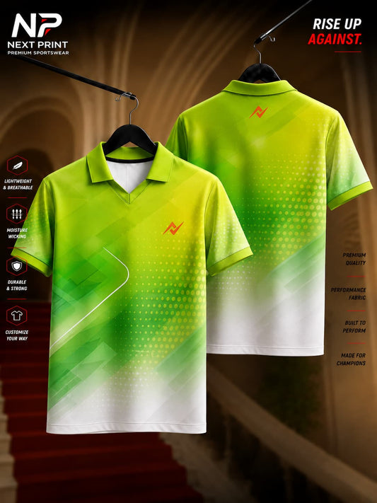 Front and back view of the Elite Lime Fusion Gradient Polo Sports Jersey featuring a lime green to white gradient with abstract geometric overlays and halftone dot graphics.