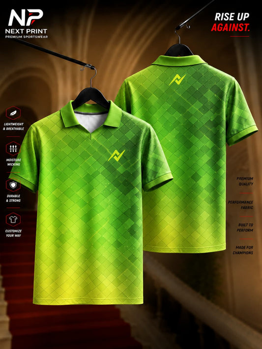 Front and back view of Elite Lime Grid Performance polo sports jersey featuring a lime green gradient, diamond grid pattern, premium dry-fit fabric, and polo V-neck collar.