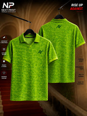 Elite lime green hexagonal pattern polo V-neck dry-fit sports jersey with front and back view.