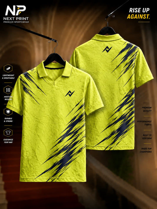 Front and back view of the Elite Lime Strike Performance Polo Jersey featuring a textured lime yellow finish with bold navy brushstroke graphics and a premium polo collar.