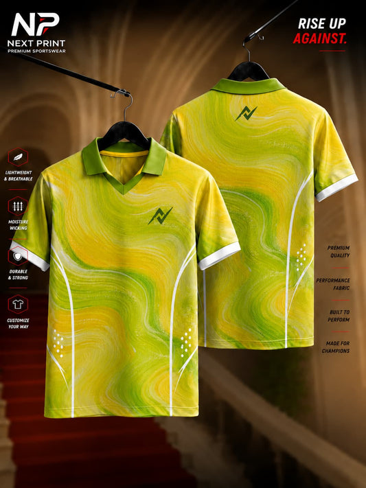 Elite Lime Wave Fusion polo sports jersey featuring abstract lime green and yellow flowing wave graphics with front and back views in premium dry-fit fabric.