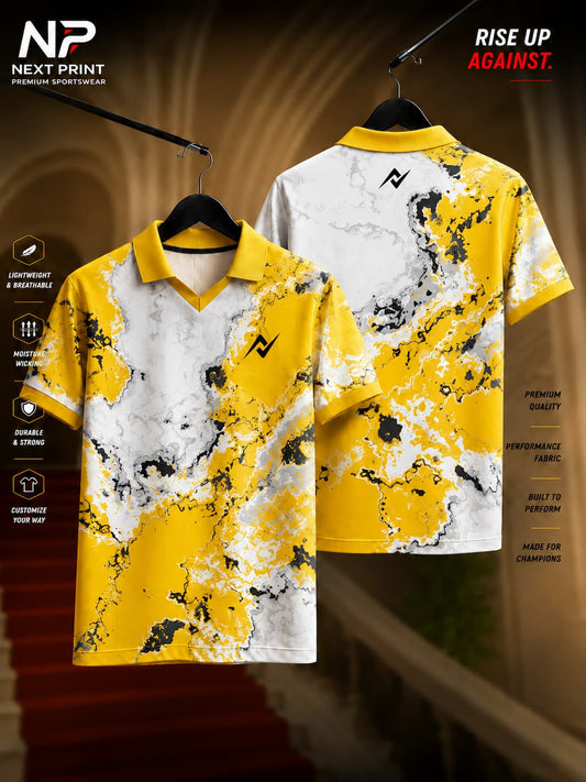 Yellow and white marble pattern polo sports jersey with black accents, front and back view, premium performance dry-fit sportswear.