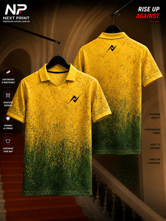 Premium yellow polo sports jersey featuring a nature-inspired golden texture with front and back views.