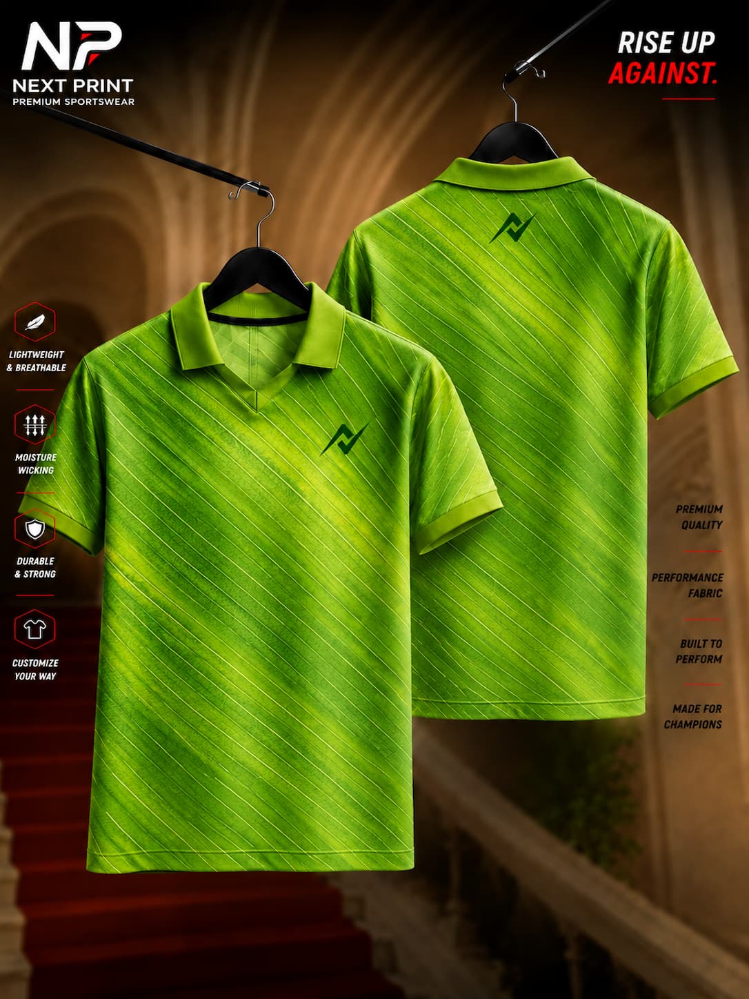 Elite Nature Leaf lime green polo V-neck dry-fit sports jersey with premium leaf texture design, front and back view.