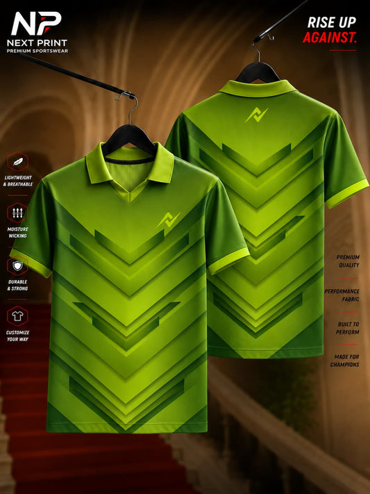 Green neon chevron polo collar sports jersey front and back view with premium sublimation geometric performance design.