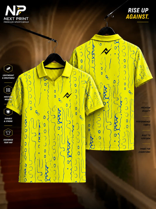 Front and back view of the Elite Neon Flow Performance Polo Jersey featuring an abstract navy line-art pattern on a bright yellow base with a premium polo collar.