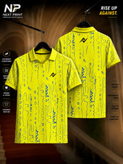 Front and back view of the Elite Neon Flow Performance Polo Jersey featuring an abstract navy line-art pattern on a bright yellow base with a premium polo collar.