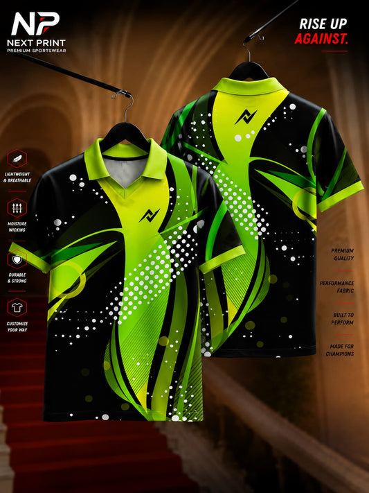 Front and back view of Elite Neon Fusion black polo sports jersey featuring neon green and yellow abstract graphics with premium dry-fit fabric.