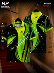 Front and back view of Elite Neon Fusion black polo sports jersey featuring neon green and yellow abstract graphics with premium dry-fit fabric.