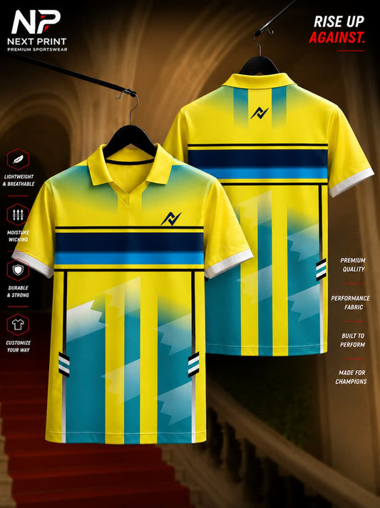 Yellow polo sports jersey featuring teal vertical graphics, navy chest stripe, and modern geometric design with front and back views.