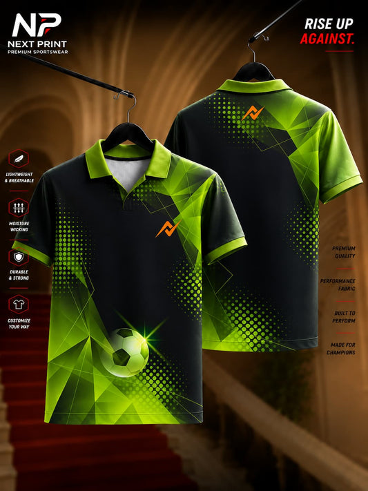 Front and back view of the Elite Neon Geo Soccer Polo Sports Jersey featuring a black base with neon green geometric graphics, halftone patterns, football-inspired artwork, and a polo collar.