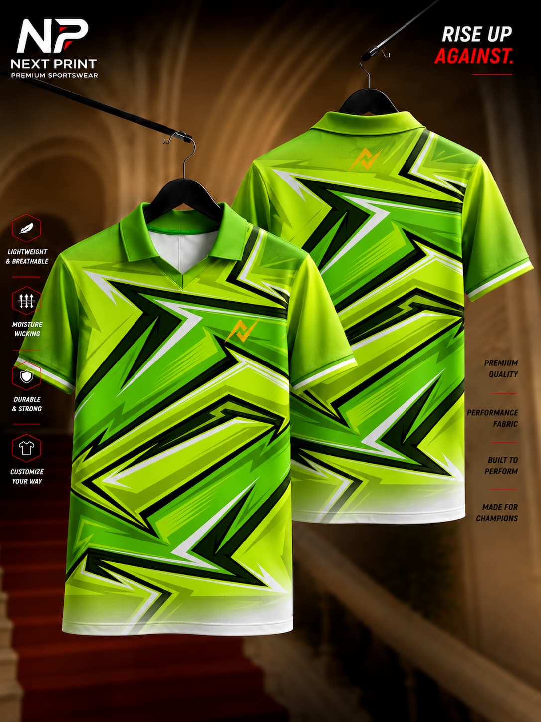 Front and back view of the Elite Neon Lightning polo sports jersey featuring neon green, black, and white angular lightning graphics on premium dry-fit fabric with a polo V-neck collar.