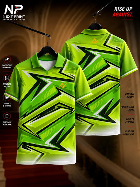 Front and back view of the Elite Neon Lightning polo sports jersey featuring neon green, black, and white angular lightning graphics on premium dry-fit fabric with a polo V-neck collar.