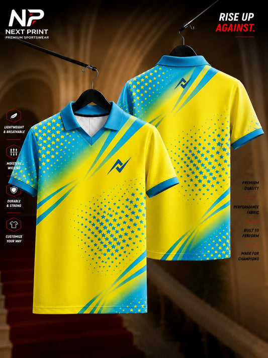 Front and back view of Elite Neon Starstrike yellow and blue polo V-neck sports jersey featuring blue starburst graphics and modern athletic design.