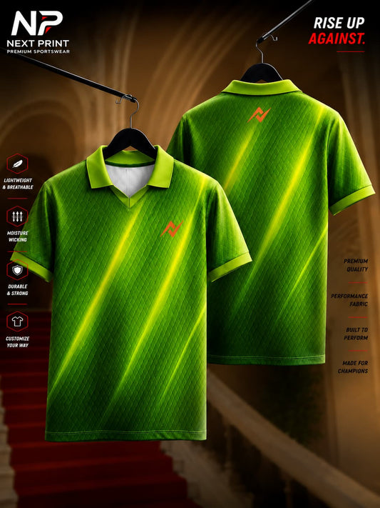 Front and back view of Elite Neon Strike Green Polo Sports Jersey featuring a diamond texture with bright neon diagonal stripes and a modern polo collar.
