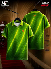 Front and back view of Elite Neon Strike Green Polo Sports Jersey featuring a diamond texture with bright neon diagonal stripes and a modern polo collar.
