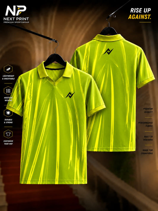 Front and back view of Elite Neon Volt Performance Polo Jersey in neon yellow-green with glossy vertical streak graphics and polo V-neck collar.