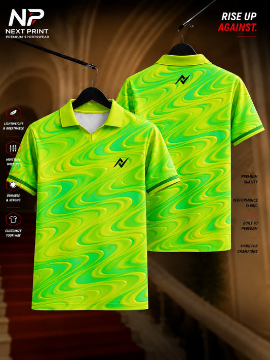 Front and back view of Elite Neon Wave polo sports jersey featuring a vibrant neon green abstract wave pattern with a premium polo V-neck collar and dry-fit performance fabric.