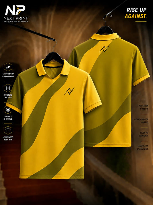 Front and back view of the Elite Olive Wave Polo Sports Jersey featuring flowing olive green wave graphics on a golden yellow background with premium dry-fit fabric and a polo V-neck collar.