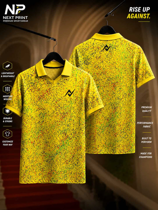 Elite Paint Splash yellow polo sports jersey featuring vibrant multicolor paint splatter graphics with front and back views.
