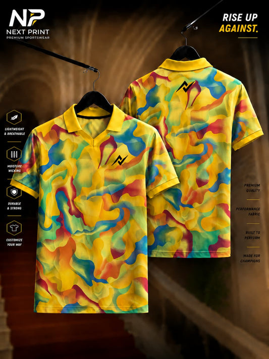 Front and back view of the Elite Prism Fusion Polo Sports Jersey featuring a vibrant multicolor abstract pattern on premium dry-fit fabric with a polo V-neck collar.