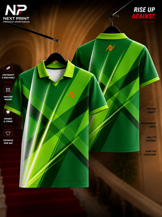Front and back view of the Elite Radiant Strike Green Polo Sports Jersey featuring radiant diagonal light streaks with angular geometric green graphics and a modern polo collar.