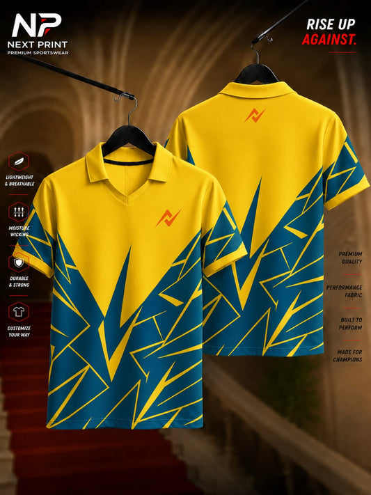 Front and back view of the Elite Razor Strike Polo Sports Jersey featuring bold navy geometric graphics on a yellow premium dry-fit polo jersey.