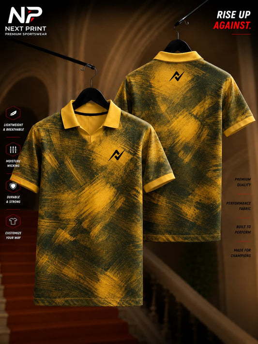 Premium yellow polo sports jersey featuring a rustic textured gold pattern with front and back views.