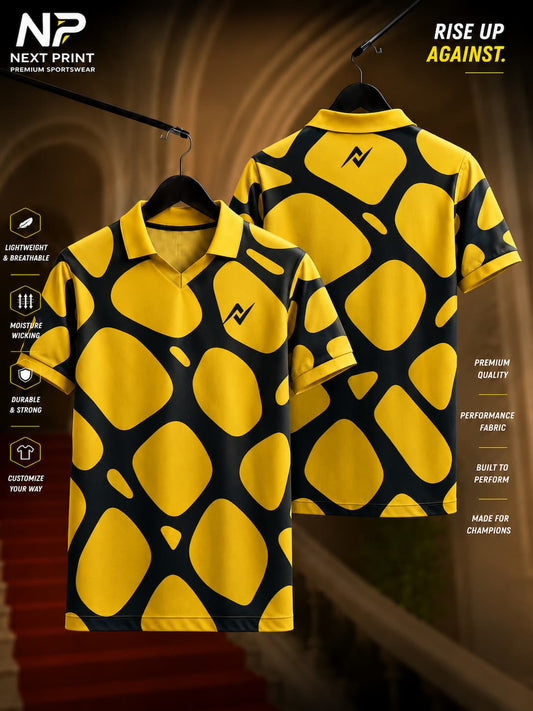 Elite Safari Abstract yellow and black polo sports jersey featuring oversized organic geometric patterns with front and back views.